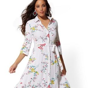 New York & Company White Floral Shirtdress